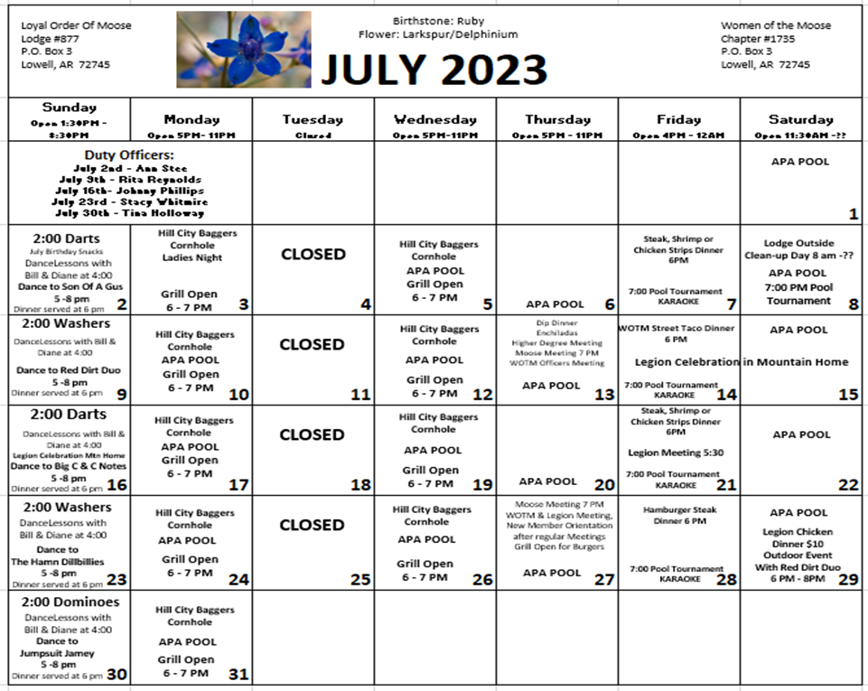 Calendar of Events Springdale Lodge 877