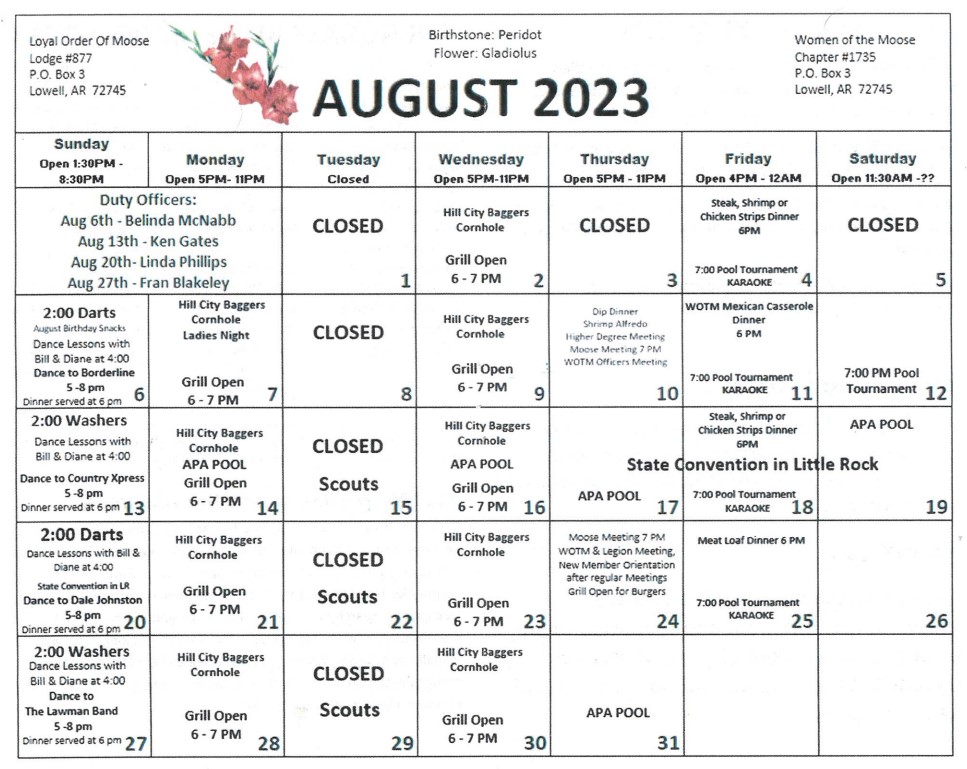 Calendar of Events Springdale Lodge 877